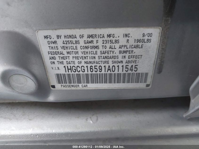 2001 Honda Accord Sdn Ex W/Leather VIN: 1HGCG16591A011545 Lot: 41295112