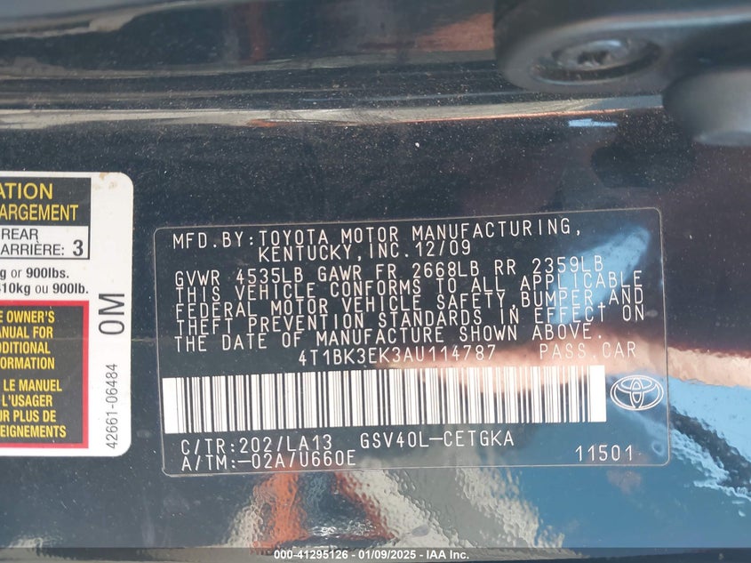 2010 TOYOTA CAMRY VIN: 4T1BK3EK3AU114787