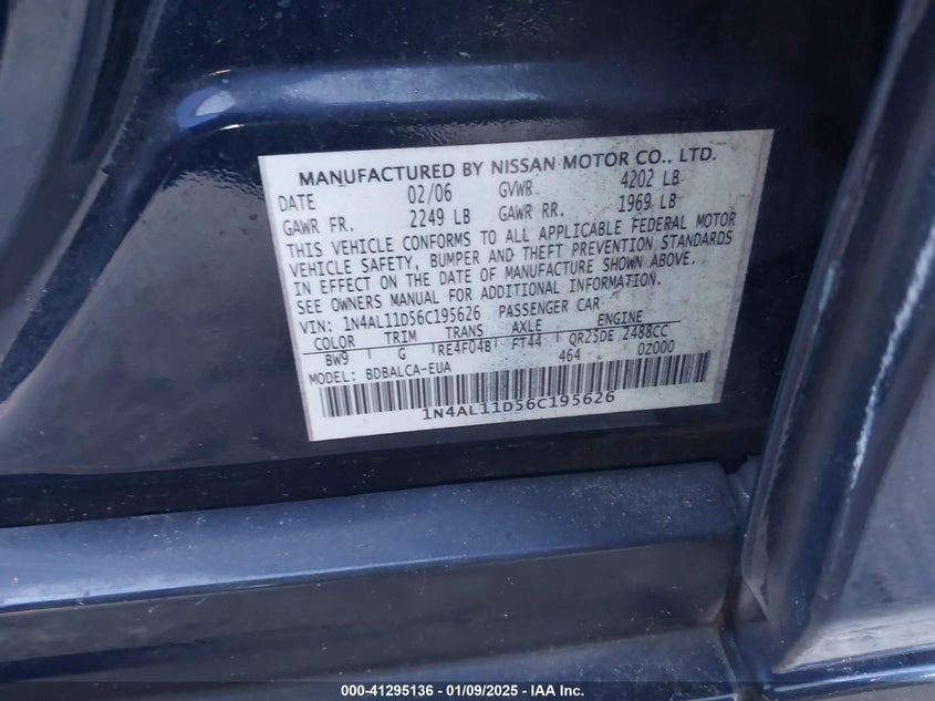 2006 NISSAN ALTIMA VIN: 1N4AL11D56C195626