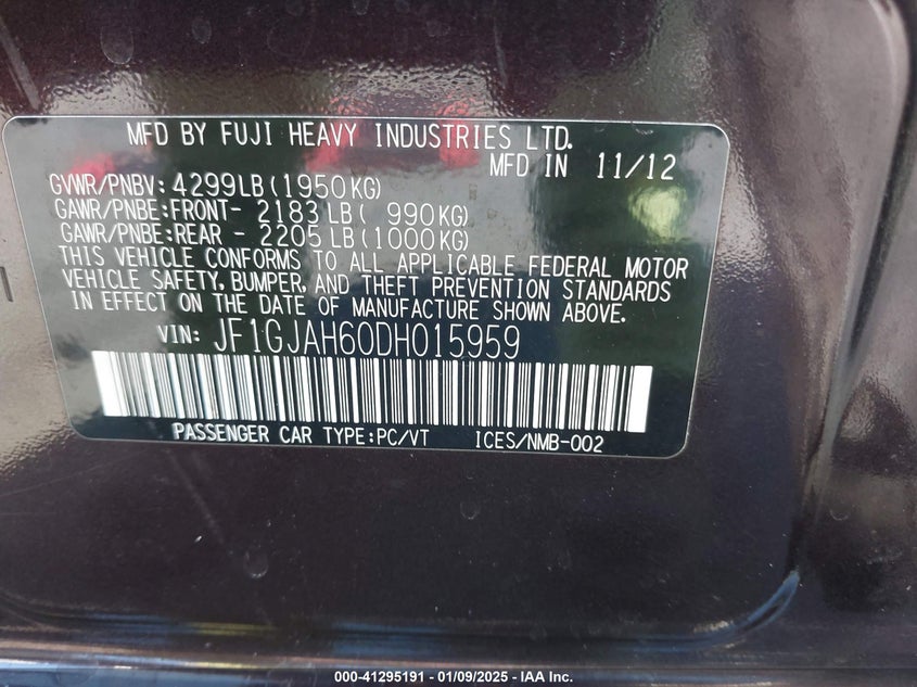 2013 SUBARU IMPREZA VIN: JF1GJAH60DH015959