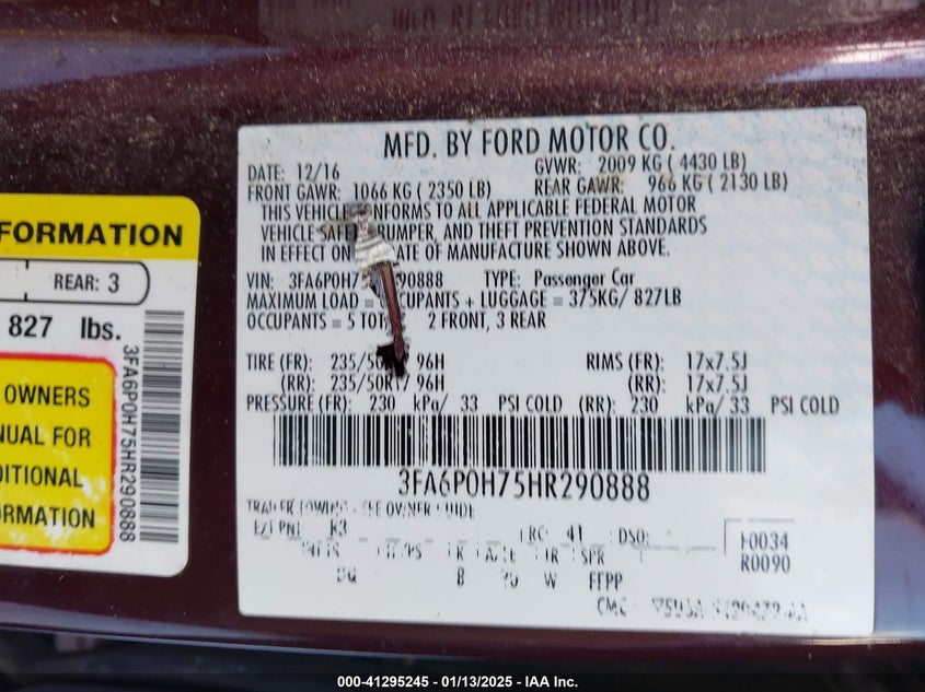 2017 FORD FUSION VIN: 3FA6P0H75HR290888