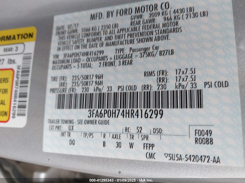 2017 FORD FUSION VIN: 3FA6P0H74HR416299
