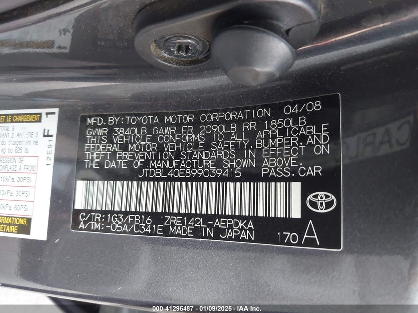 2009 TOYOTA COROLLA VIN: JTDBL40E899039415