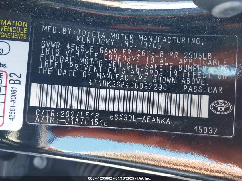2006 TOYO AVALON TOURING VIN: 4T1BK36B46U087296