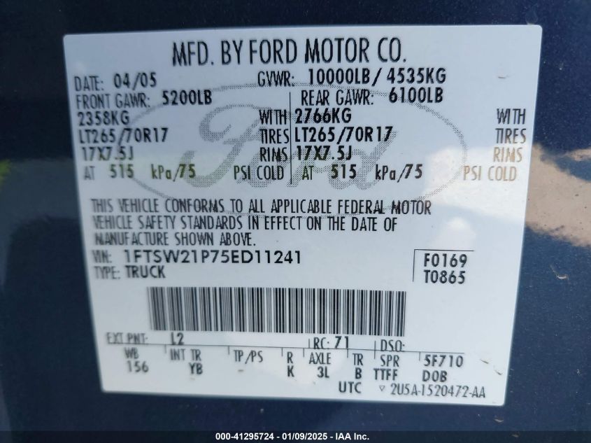 2005 Ford F-250 Lariat/Xl/Xlt VIN: 1FTSW21P75ED11241 Lot: 41295724