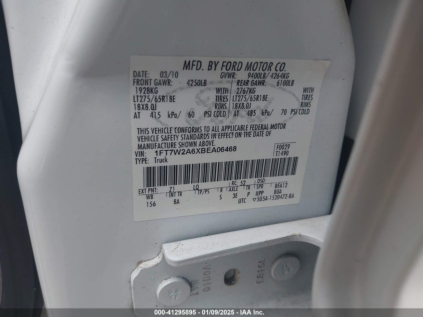2011 FORD F-250 VIN: 1FT7W2A6XBEA06468