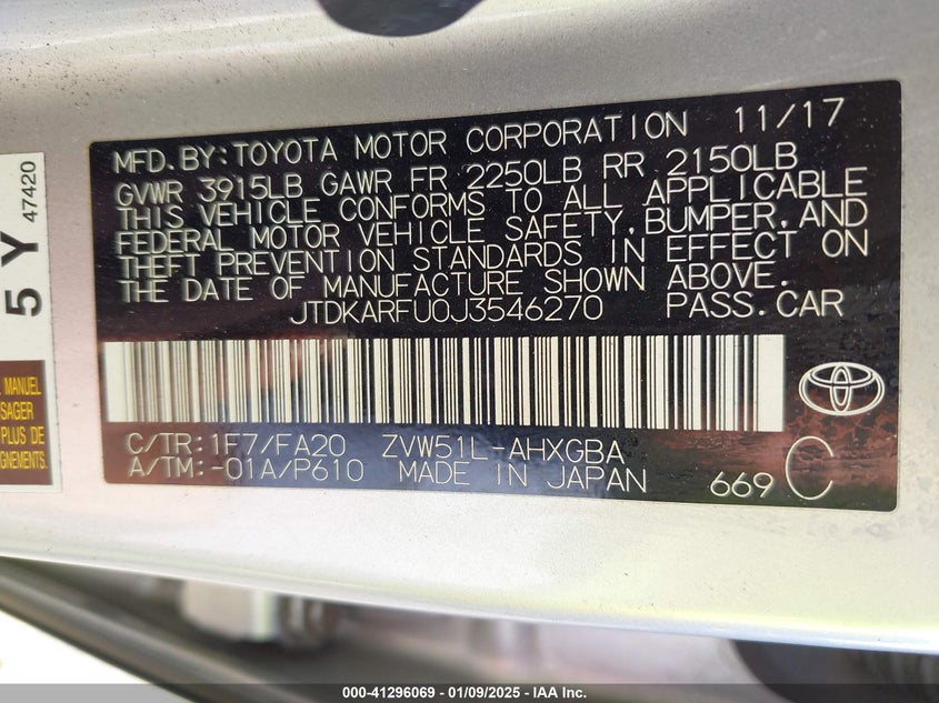 2018 TOYOTA PRIUS VIN: JTDKARFU0J3546270