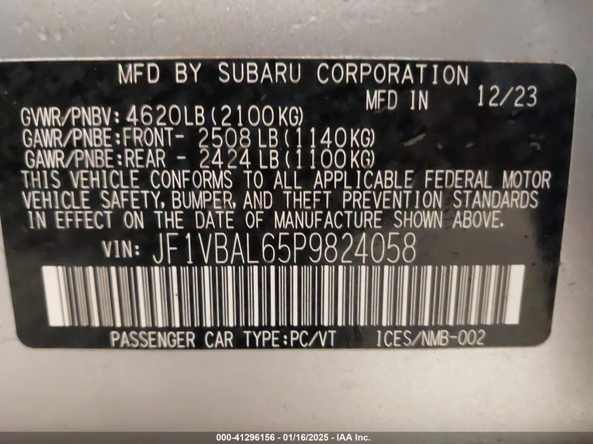 VIN JF1VBAL65P9824058 2023 SUBARU WRX LIMITED