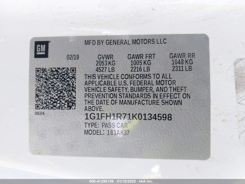 2019 CHEVROLET CAMARO VIN: 1G1FH1R71K0134598