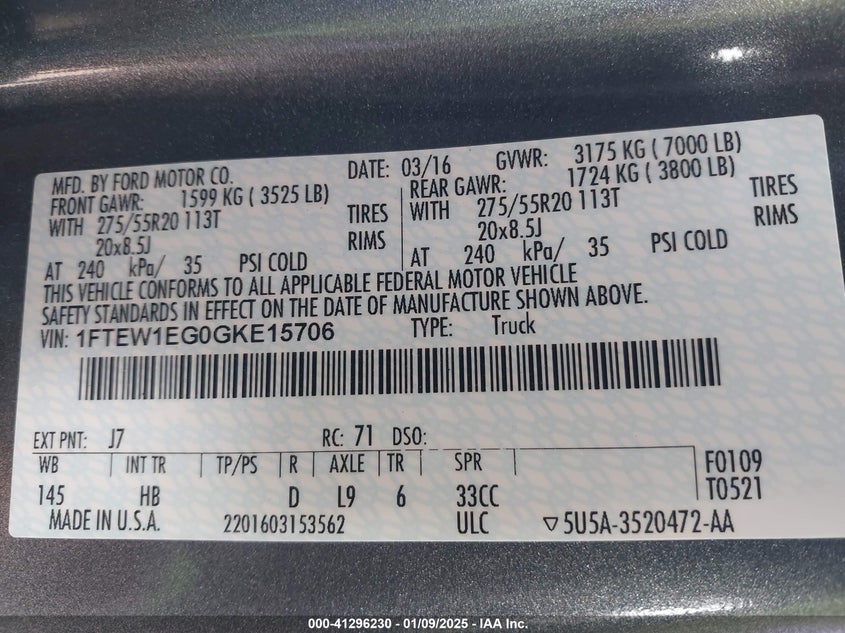 2016 FORD F-150 VIN: 1FTEW1EG0GKE15706