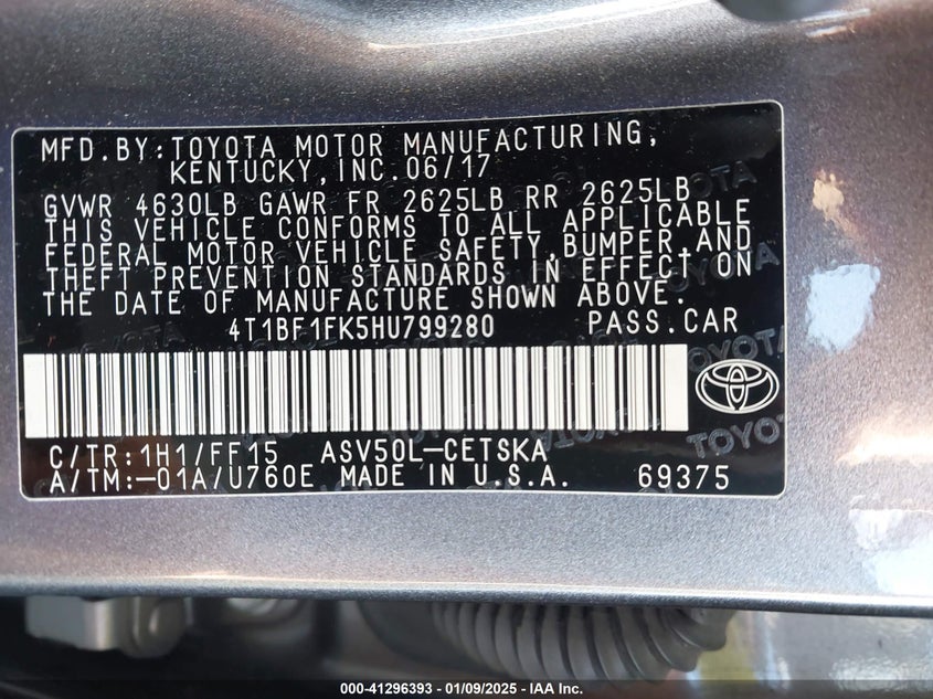 2017 TOYOTA CAMRY VIN: 4T1BF1FK5HU799280