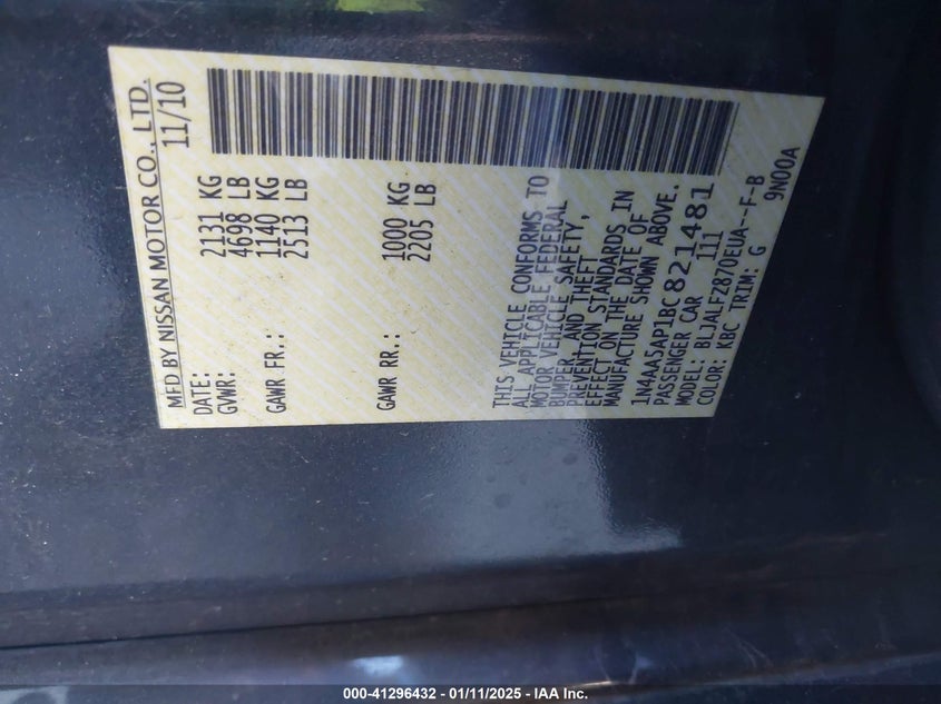 2011 NISSAN MAXIMA VIN: 1N4AA5AP1BC821481