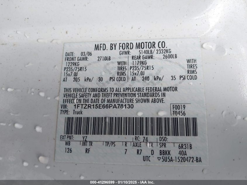 2006 Ford Ranger Fx4 Off-Road/Sport/Xl/Xlt VIN: 1FTZR15E66PA78130 Lot: 41296599
