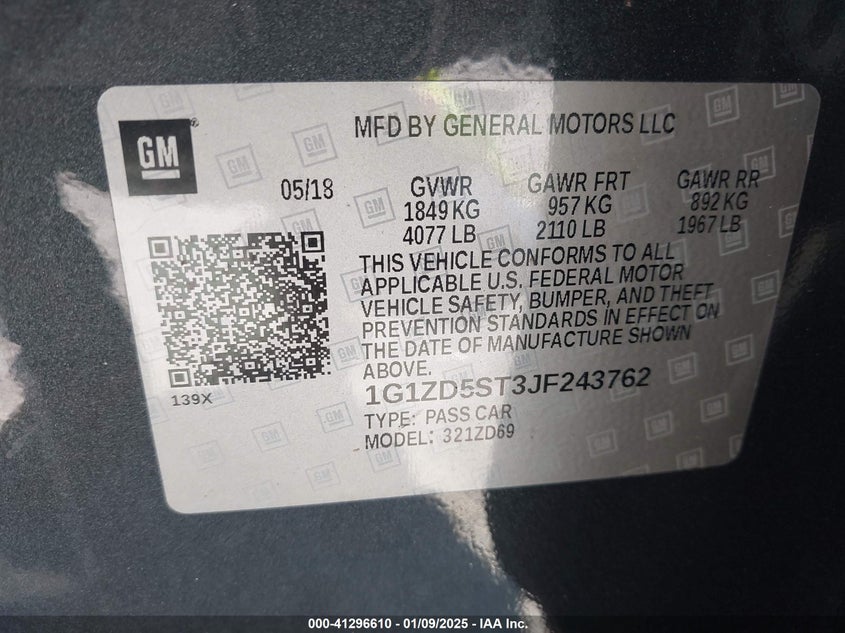 2018 CHEVROLET MALIBU VIN: 1G1ZD5ST3JF243762
