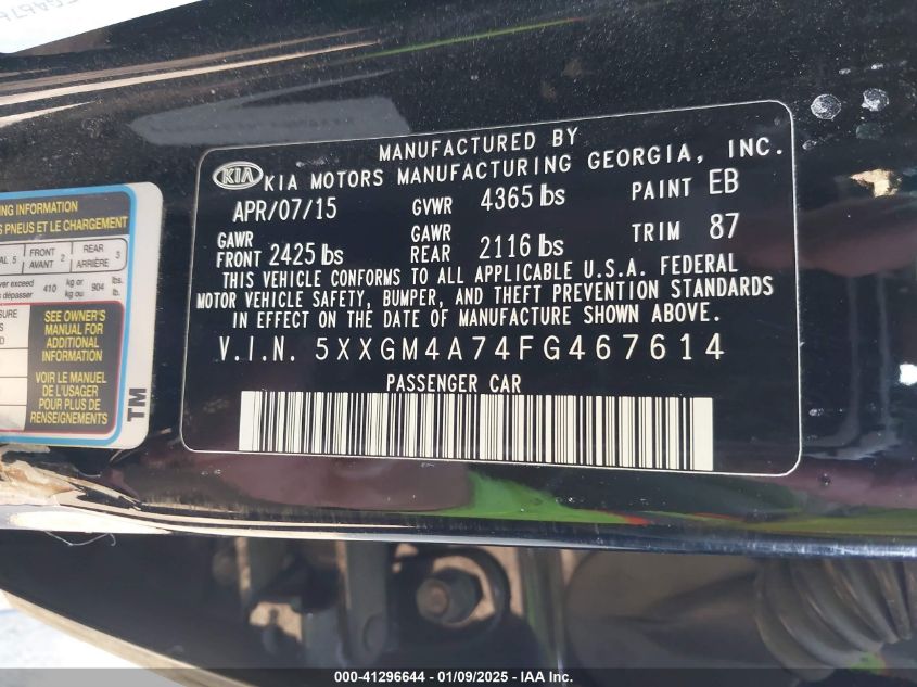 VIN 5XXGM4A74FG467614 2015 KIA Optima, LX no.9