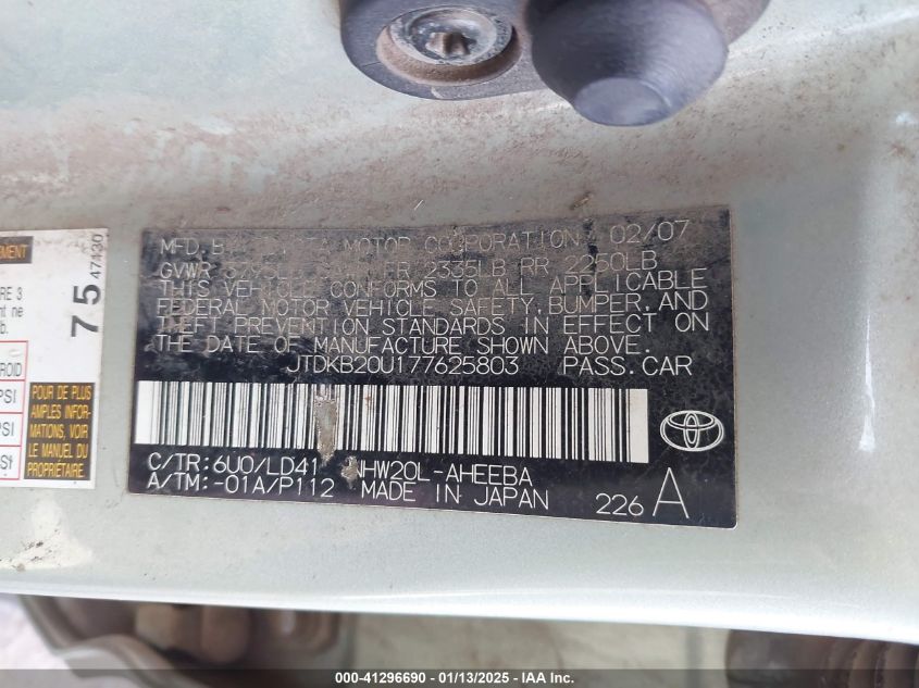 2007 Toyota Prius VIN: JTDKV20U277625803 Lot: 41296690