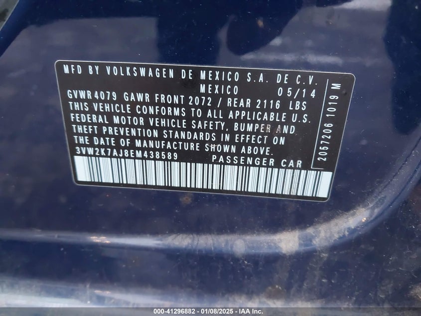 2014 VOLKSWAGEN JETTA VIN: 3VW2K7AJ8EM438589