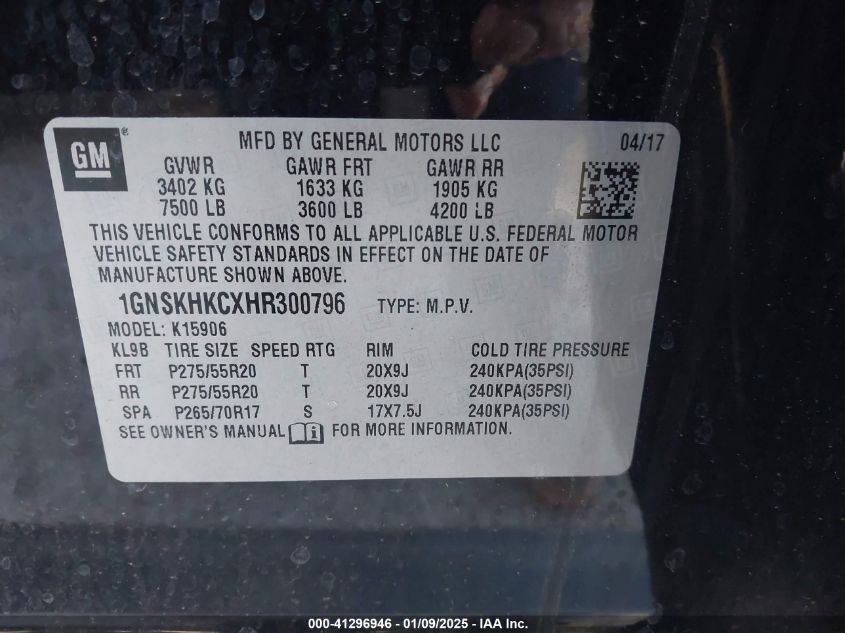 VIN 1GNSKHKCXHR300796 2017 CHEVROLET SUBURBAN no.9