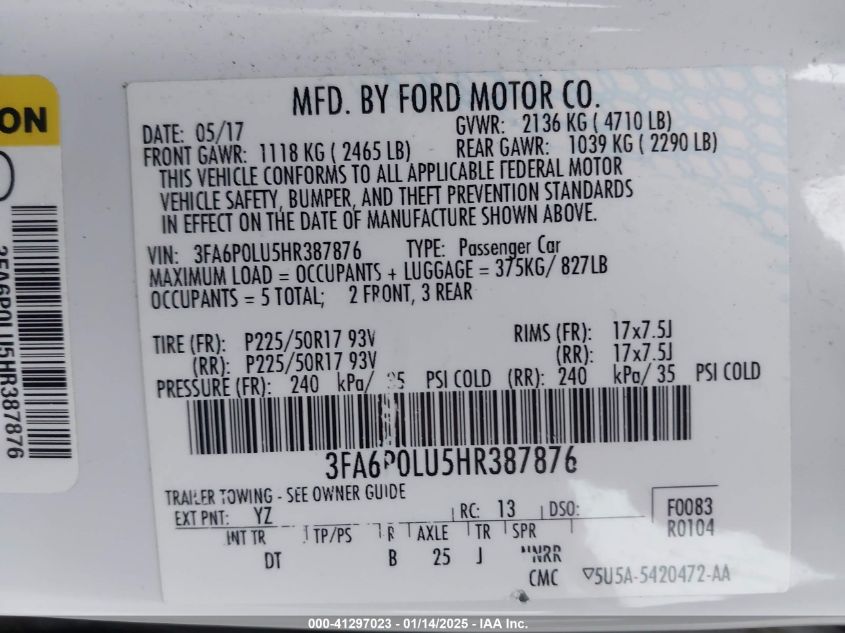 VIN 3FA6P0LU5HR387876 2017 Ford Fusion, Hybrid SE no.9