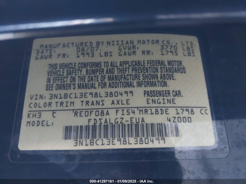 2008 NISSAN VERSA VIN: 3N1BC13E98L380499