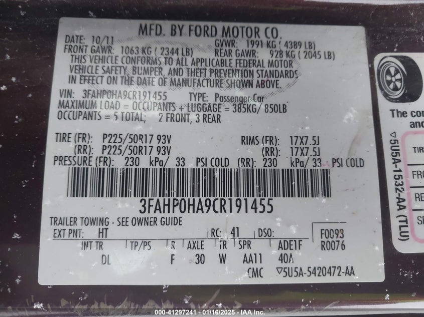 2012 FORD FUSION SE FWD VIN: 3FAHP0HA9CR191455