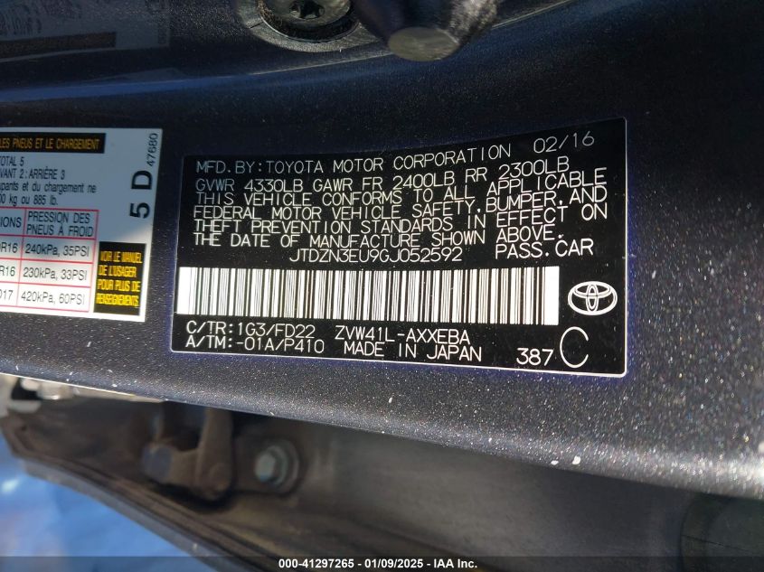 VIN JTDZN3EU9GJ052592 2016 Toyota Prius, V Two no.9