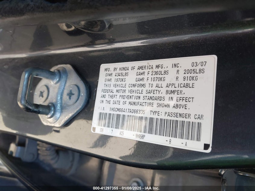 2007 HONDA ACCORD VIN: 1HGCM66417A066335