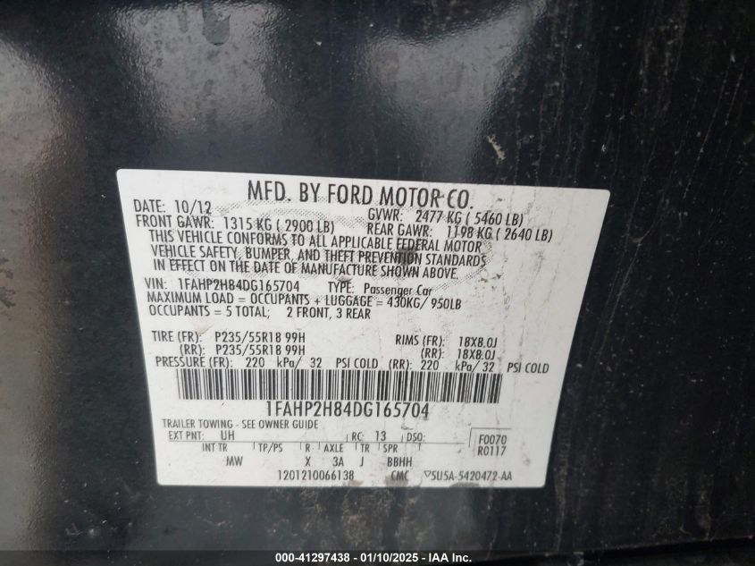 VIN 1FAHP2H84DG165704 2013 Ford Taurus, Sel no.9