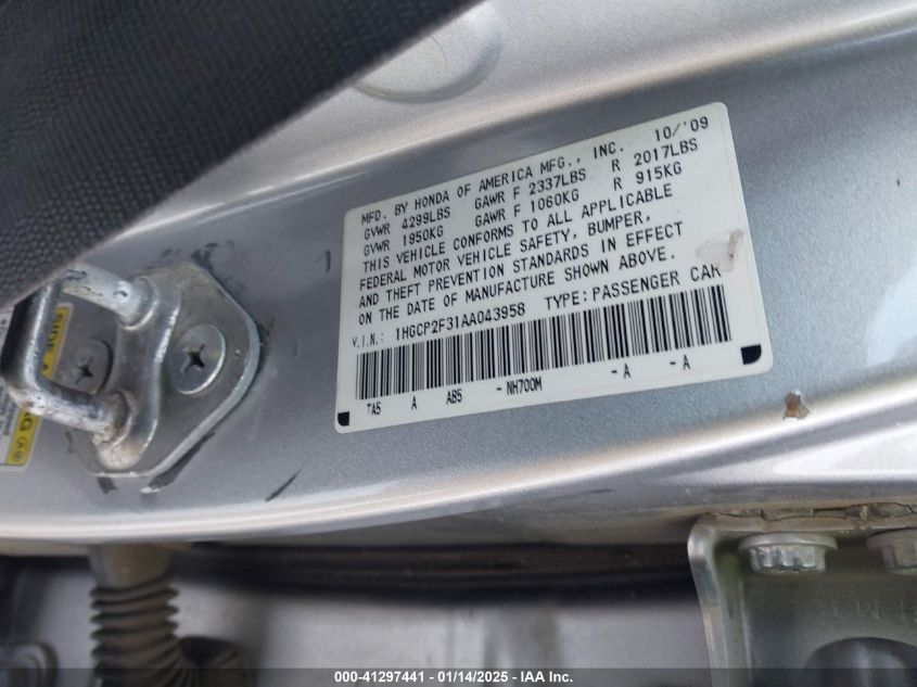 2010 Honda Accord 2.4 Lx VIN: 1HGCP2F31AA043958 Lot: 41297441