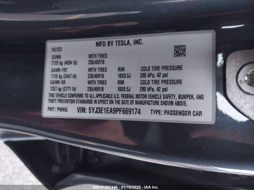 VIN 5YJ3E1EA9PF669174 2023 TESLA MODEL 3 no.9