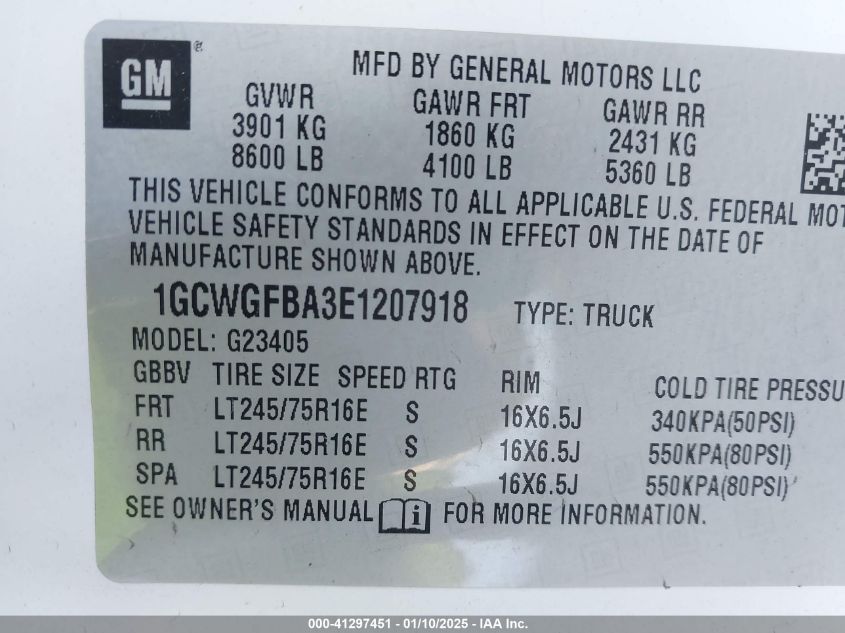 2014 Chevrolet Express 2500 VIN: 1GCWGFBA3E1207918 Lot: 41297451