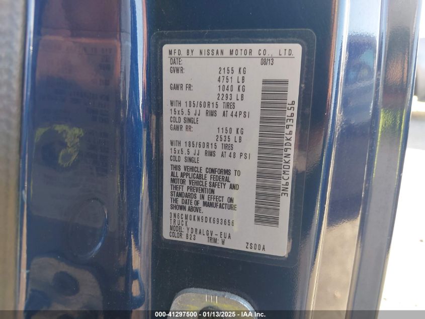 2013 Nissan Nv200 Sv VIN: 3N6CM0KN9DK693656 Lot: 41297500