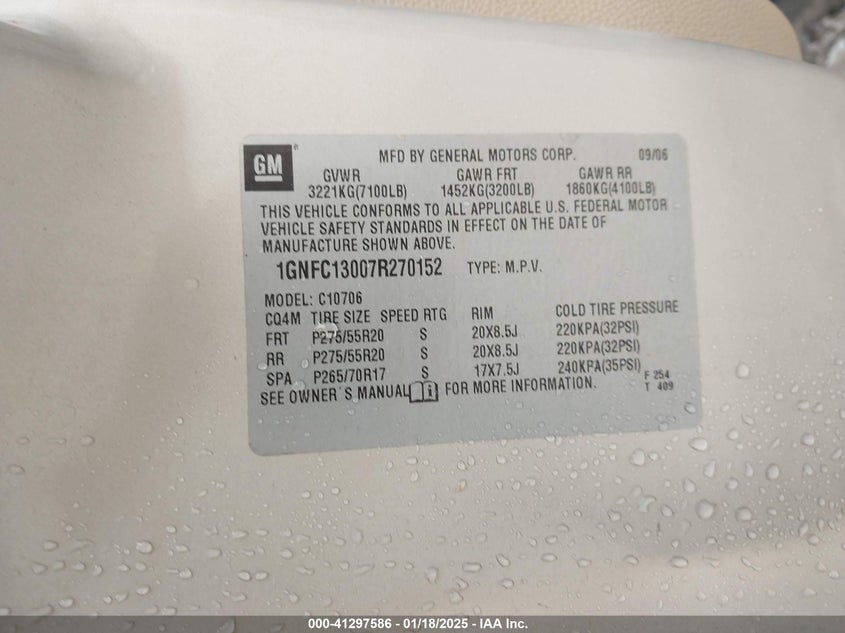 2007 Chevrolet Tahoe Ltz VIN: 1GNFC13007R270152 Lot: 41297586