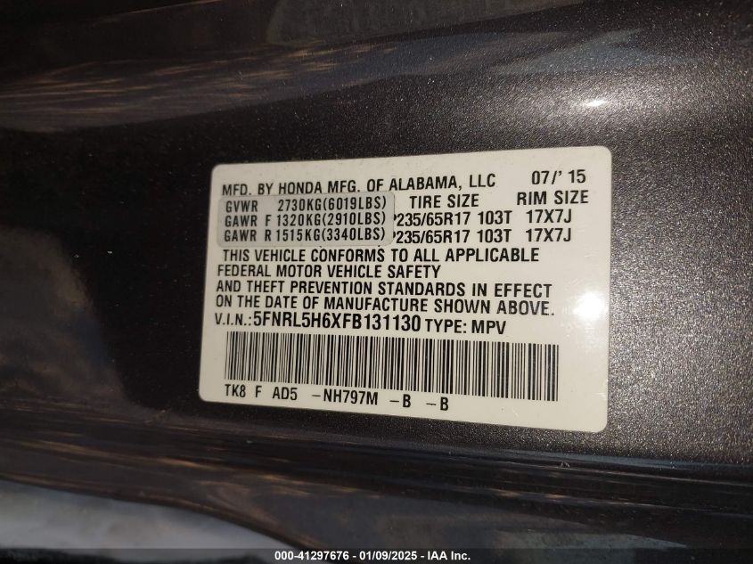 VIN 5FNRL5H6XFB131130 2015 Honda Odyssey, Ex-L no.9