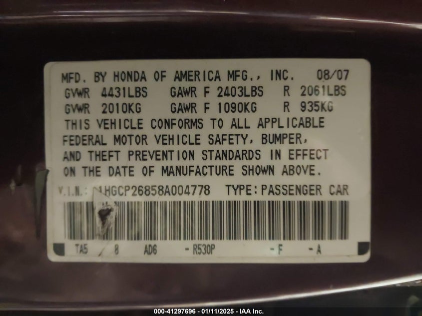 2008 HONDA ACCORD VIN: 1HGCP26858A004778