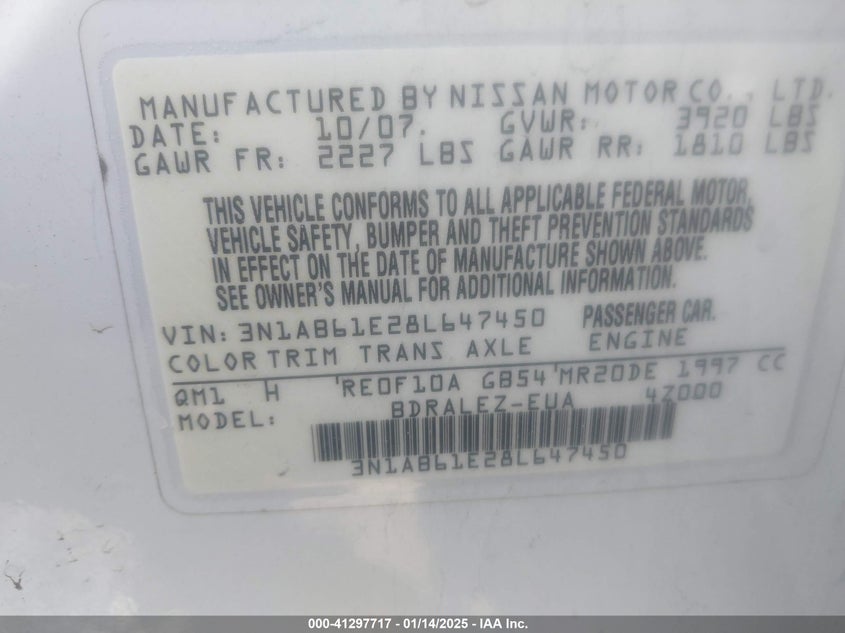 2008 NISSAN SENTRA VIN: 3N1AB61E28L647450