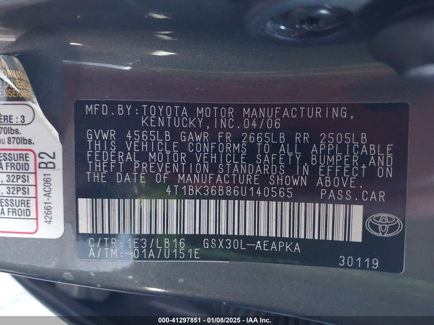 2006 TOYOTA AVALON VIN: 4T1BK36B86U140565