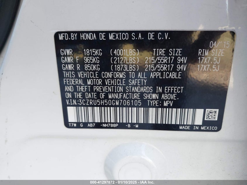 2016 HONDA HR-V EX - 3CZRU5H50GM706105