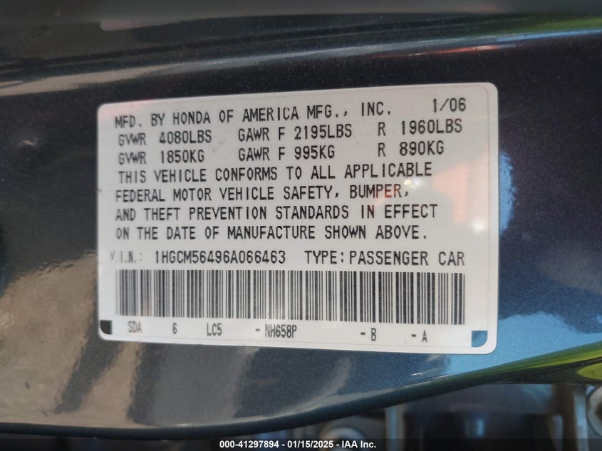 2006 HONDA ACCORD VIN: 1HGCM56496A066463
