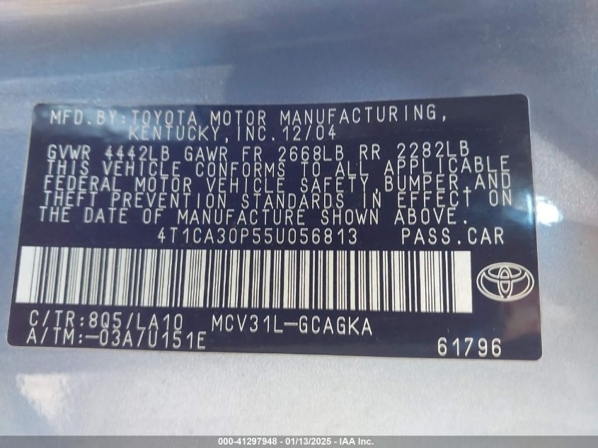 2005 Toyota Camry Solara Se/Sle VIN: 4T1CA30P55UO56813 Lot: 41297948
