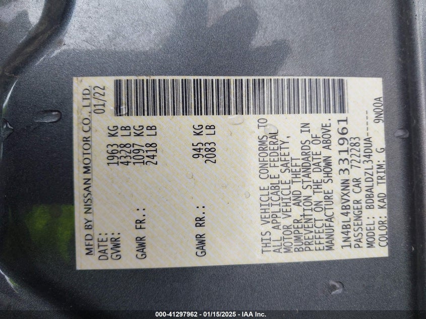 2022 NISSAN ALTIMA VIN: 1N4BL4BVXNN331961