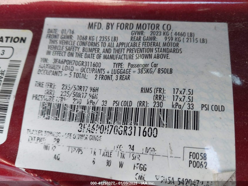 2016 FORD FUSION VIN: 3FA6P0H70GR311600