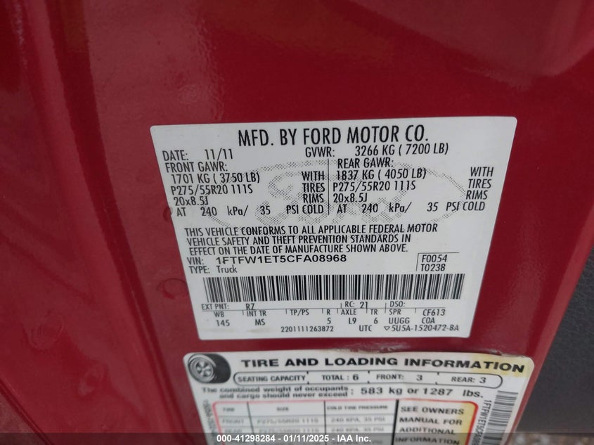 2012 FORD F-150 VIN: 1FTFW1ET5CFA08968