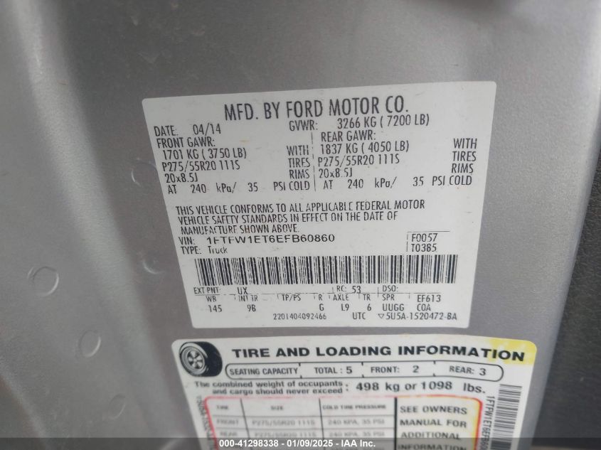 VIN 1FTFW1ET6EFB60860 2014 FORD F-150 no.9