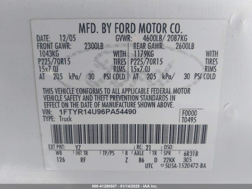 2006 FORD RANGER VIN: 1FTYR14U96PA54490