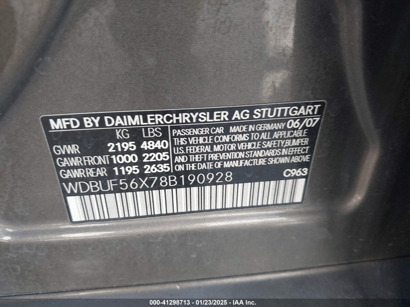 2008 MERCEDES-BENZ E VIN: WDBUF56X78B190928