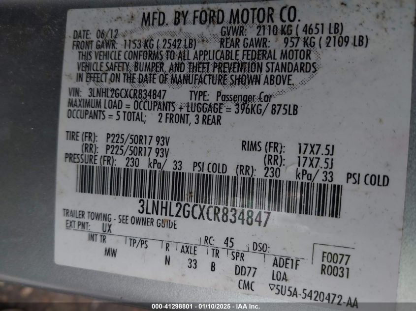 2012 Lincoln Mkz VIN: 3LNHL2GCXCR834847 Lot: 41298801