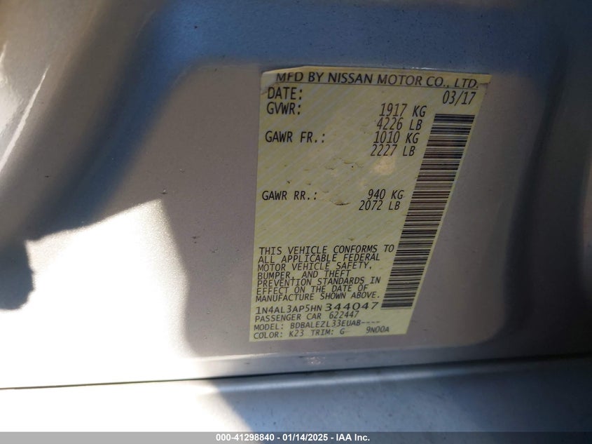 2017 NISSAN ALTIMA VIN: 1N4AL3AP5HN344047