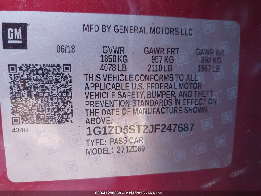 2018 CHEVROLET MALIBU VIN: 1G1ZD5ST2JF247687