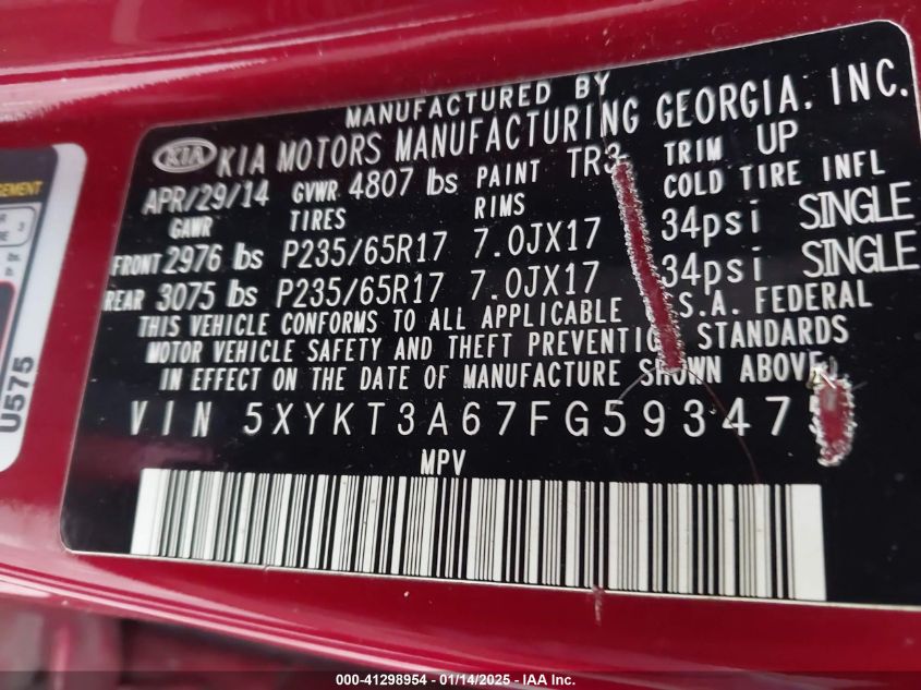 VIN 5XYKT3A67FG593475 2015 KIA SORENTO no.9